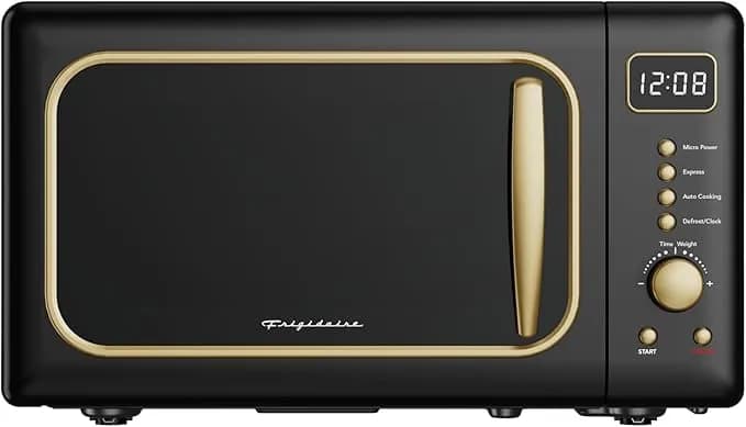 Frigidaire, 0.7 Cu. Ft. Retro Countertop Microwave Oven, 700w Compact Microwave With 8 Auto Cook Menus, Auto Defrost, 5 Power Levels, Led Display, Glass Turntable, Black Gold