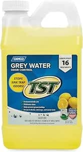 Camco Tst Rv Grey Water Odor Control - Lemon Scent - 64oz - Made In The Usa - Removes Grease Buildup In Gray Water Tanks, Camper Sinks & Shower Drains - 4oz Treats 40-Gal Holding Tank (40256)