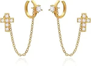 Cicy Bell Ear Cuff Earrings For Women Cubic Zirconia Stud Chain Earrings - 18k Gold Plated Clip On Climber Earrings Non Piercing Waterproof Jewelry Gifts Birthday Party