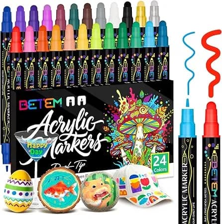 Betem 24 Colors Dual Tip Acrylic Paint Markers, Fabric Decorating Kits - Premium Water-Based Acrylic Paint Pens Art Supplies For Fabric, Rock, Wood, Glass, Canvas, Ceramic, Teacher Appreciation Gift