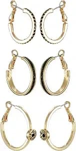 Guess Goldtone Black Glass Stone 3 Piece Hoop Earring Set