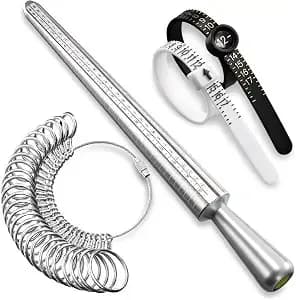 Meowoo Ring Sizer Measuring Tool Set, Ring Gauges With Finger Sizer Mandrel Ring Sizer Tools For Jewelry Sizing Measuring, 4 Pcs, Silvery