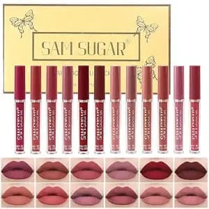 12 Colors Matte Lipstick Set, Lip Tint Stain Makeup, 1 Fl Oz,Set D - Waterproof Non-Sticky Formula, Lightweight Texture, Nude Red Pink Dark Shades, Great Value Daily Makeup, 8-12 Hour Wear