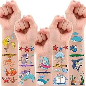 Partywind Ocean Theme Temporary Tattoos For Kids - 200 Pcs, Beach Pool Under Sea Decorations, Birthday Party Supplies Favors, Mermaid Shark Tropical Fish Whale Designs