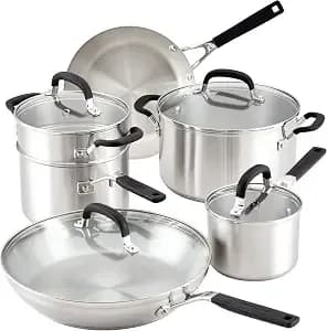 Kitchenaid Stainless Steel Cookware Induction Pots And Pans Set, 10-Piece - Easy Cleanup, Brushed Stainless Steel Pan Set, Pot Set, Dishwasher Safe, Oven Safe To 400â°F, Kitchen Aid Pots And Pans Set
