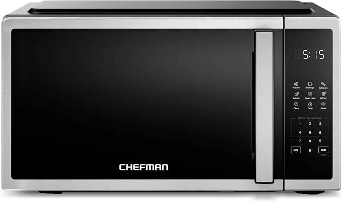 Chefman Compact Countertop Microwave Oven 0.7 Cu. Ft., 700w With 10 Power Levels, 3 Cooking Presets With One-Touch Express Cook, 2 Defrost Settings, Child Safety Lock, & Mute Button – Stainless Steel