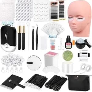 Lashes Kit For Eyelash Extension Beginner Lash Tech Starter Kit With Eye Lash Mannequin Head, Professional Eyelash Extension Kit With Lash Fan, Extension Glue And Eyelash Remover For Practice Training