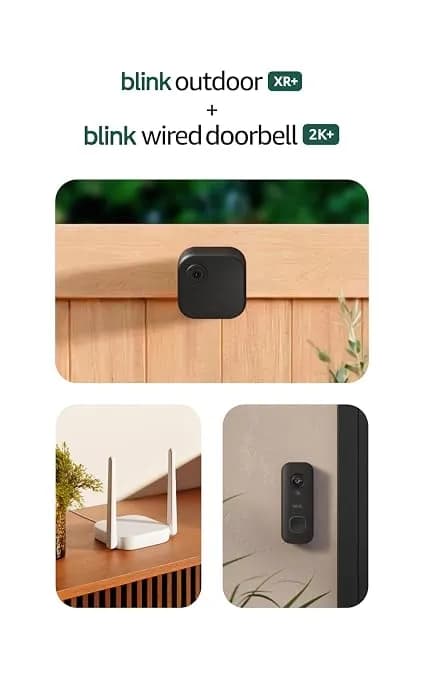 Blink Outdoor Xr+ And Wired Doorbell 2k+ — Extended Range Wireless Outdoor 4 Camera And 2k Hardwired Doorbell. Sync Module Xr+ Included — 1 Camera System + Doorbell