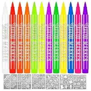 Temporary Tattoo Markers For Skin, 12 Fluorescent Colors Face Body Paint Pen Kits With 6 Tattoo Stencils ,Skin-Safe, Washable,Halloween Festival Makeup Accessory Glow Party Supplies