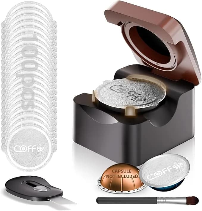 Reusable Vertuo Pods Refill Kit For Nespresso, No Pods - 100pcs Aluminum Foil Seals Lids, Press-To-Seal Design, Fits Vertuoline Next Plus Machine