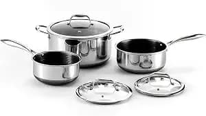 Hexclad 6pc Hybrid Nonstick Pot Set With Lids, 2, 3 & 8 Qt Pots - Stay-Cool Handles, Dishwasher And Oven Safe Up To 900°F, Compatible With All Cooktops