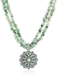 Montana West Floral Turquoise Pendant Chip Bead Layered Necklace For Women - Double‑Strand Turquoise Chip Necklace, Antiqued Silver Floral Pendant, Boho Western Jewelry For Rodeo & Country Events