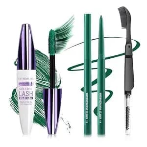 Green Mascara And Eyeliner Set,5d Colored Mascara Volume And Length - Green Mascara For Eyelashes,Waterproof,Natural Curling Lengthening,Quick-Drying,Long-Lasting,Suitable For Women Eye Makeup