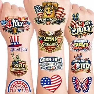 250th Anniversary Temporary Tattoos - 60pcs 4th Of July - Patriotic Usa 1776–2026 Birthday Tattoos For Adults & Teens, Fourth Of July Independence Day Party Favors Red White Blue American Celebration