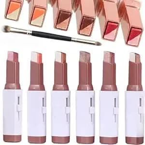 6 Color Eyeshadow Stick Set With Brush, 3pcs Portable Two Tone Eyeshadow Gradient Stick Glitter Gradient Waterproof Eye Shadow Pen Long-Lasting Wear Smooth Texture For Eye Make Up Tool (Pink)