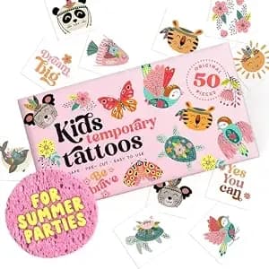 Kids Temporary Tattoos - Made In Europe Hypoallergenic, Pre-Cut, 50 Pcs Original Kid Tattoos, Designs With Sea World, Butterflies, Flowers, Motivational Words - Gift Tattoos For Boys And Girls