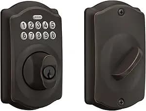 Schlage Electronic Keypad Deadbolt Lock, Camelot Trim, Aged Bronze - Keyless Entry Door Lock, Push Button Keypad Deadbolt, Key Backup Included, Certified Security, Easy Install, be365