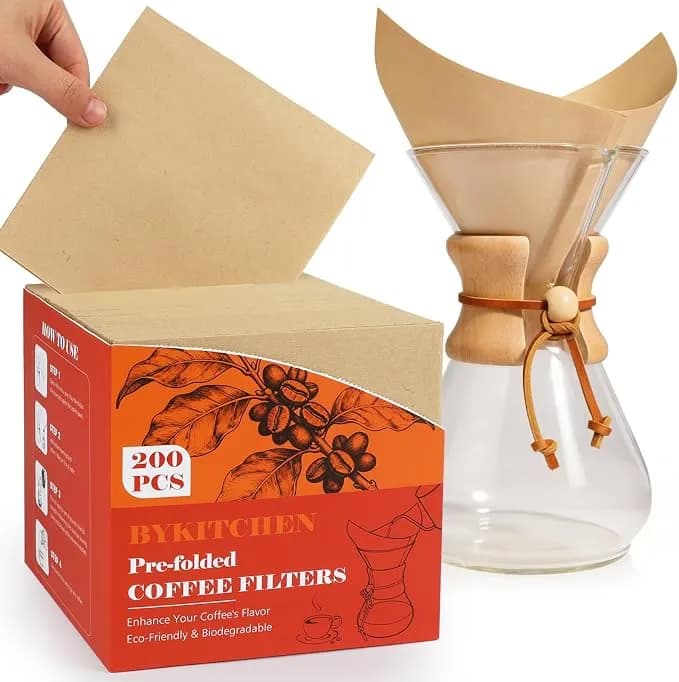 Bykitchen 200 Count Unbleached Pour Over Coffee Filters, Square - Natural Pre-Folded Disposable Paper Coffee Filters For Pour-Over Coffee Makers & Drippers, Coffee Brewing Accessories