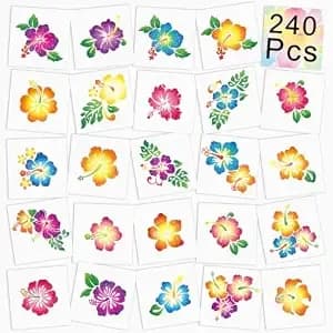 Nosiny 240 Pcs Hibiscus Temporary Tattoos Glitter Hawaiian Aloha Party Tattoos Summer Luau Flower Stickers For Face Body Decoration Women Men Tropical Party Favors
