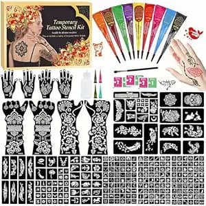255 Pcs Temporary Tattoo Kit,9 Colors Tattoo Cones,Large 18 Sheets Stencils - Ink With Makeup Brush, Designed Tattoos Pattern For Kids Adults,Body Art Diy Skin Painting Gifts Set For Party Festival