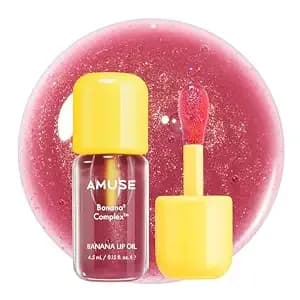Amuse Seoul Banana Lip Oil (06 Rose Sorbet) - Moisturzing Glitter Lip, Banana Scent, Hydrating Sheer Lip Oil Tint, Lightweight Non-Sticky Shine Glass Topper, Shimmer Finish, Vegan, Korean Makeup