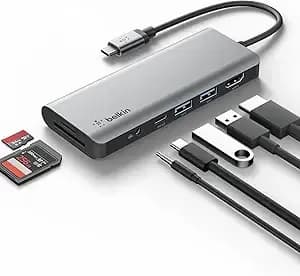 Belkin Usb-C Hub, 7-In-1 Multiport Docking Station For Macbook & Windows - 85w Usb-C Power Delivery 3.0, 4k Hdmi 1.4, 2x Usb-A 3.0, Sd 3.0, Micro Sd 3.0, & 3.5mm Audio Jack