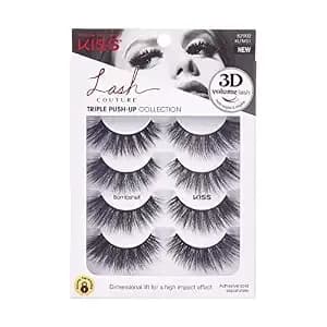 Kiss Lash Couture False Eyelashes, Triple Push-Up Bombshell, 4 Pairs, 14mm 3d Volume Strip Lashes, Luscious For A Fluffy, Dramatic Effect, Cushioned Flexi-Band, Eye-Lifting Curl & Multi Angles