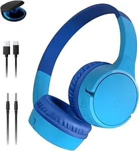 Belkin Soundform Mini Bluetooth Kids Headphones With Case, 30h Battery Life - Toddler Headphones With Case, 85db Volume Limit, Built-In Mic, Wired Connection Option, Ipad, Android Tablet, School, Travel