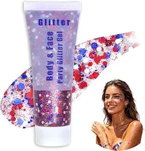 Red White Blue Body Glitter Patriotic 250th Face & Body Glitter - 4th Of July Glitter Makeup,Usa Flag Chunky Glitter Gel,Self-Adhesive Sequins Face Glitters For Girls Women Parade Festival