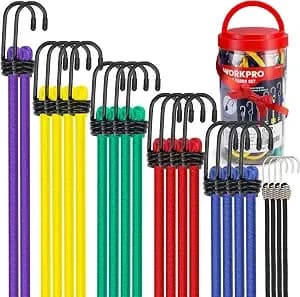 Workpro Bungee Cords With Hooks, Heavy Duty Outdoor Bungee Strap, 22-Piece - In A Storage Jar, 10", 18", 24", 30", 36", 48" Bungie Cord Bundle Assortment With Metal Hook, For Luggage, Cargo, Multi-Color