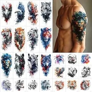 Everjoy 25 Sheets Tough Beast Temporary Tattoo Stickers, 12 Sheets Large Arm Watercolor Animals Fake Tattoos, 13 Pcs Small Animals Tattoo Stickers For Men And Women