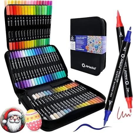 Artecho Acrylic Paint Markers 72 Colors With Bag（ Brush Tip And Fine Tip ） - Ideal For Rock Painting, Stone, Wood, Paper, Canvas, Ceramic, Glass, Fabric & Diy Crafts