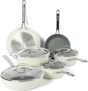 Sur La Table Kitchen Essentials 10 Piece Pfa Free Non-Toxic Titanium Ceramic Nonstick Interior Forged Aluminum Cookware Pots And Pans Set - Linen White - Induction Compatible