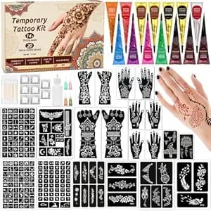 Temporary Tattoo Kit With 20 Sheets Stencils, 14 Ink Colors & Accessories - Diy Body Art Set With Mixing Bottles, Cotton Swabs And Gloves For Festivals, Parties, Makeup And Creative Designs
