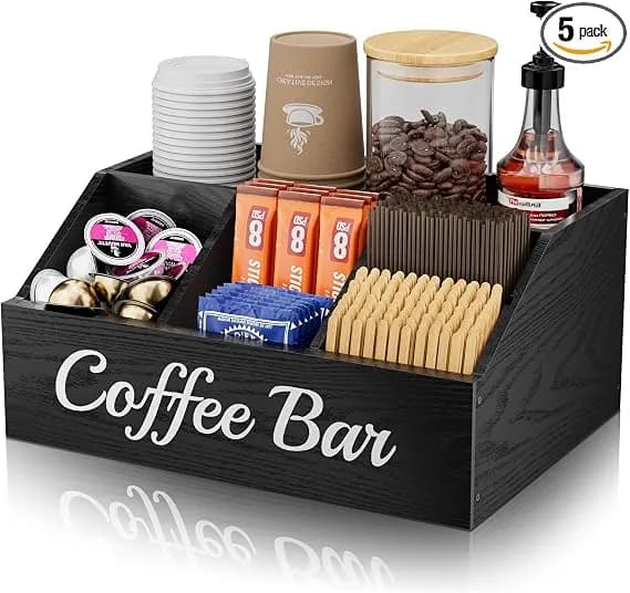 Coffee Station Organizer For Countertop – Wooden Coffee Bar Organizer With Adjustable Dividers,Holds K Cup Pod & Syrup Bottles, For Kitchen, Office, Or Bar And Tea Station, Black