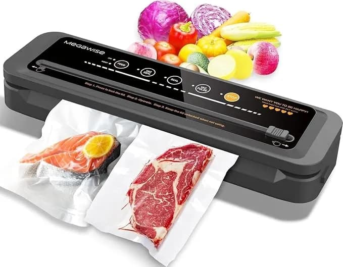 Megawise Vacuum Sealer Machine - 80kpa Suction Power - Vac Seal Machine - Bags And Cutter Included - Compact One-Touch Automatic With External Vacuum System - Dry Moist Fresh Modes For All Saving Needs