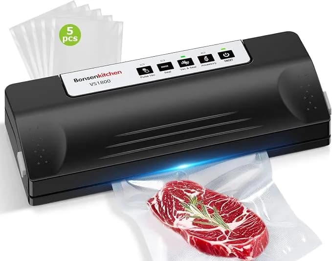 Bonsenkitchen Vacuum Sealer Machine For Food Storage,Black-Silver - Multi-Functional Food Sealer, 65kpa Suction, External Vacuum System , Compact Design With 5 Vacuum Bags