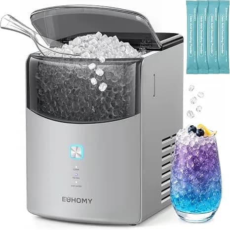 Euhomy Countertop Nugget Ice Maker, 35lbs Daily Sonic Crushed Ice Machine - Ice Ready In 5 Mins, Dual-Pump Self-Cleaning, Detachable Lid, Pebble Ice Maker With Basket, Scoop, 4 Packs Cleaner, Grey