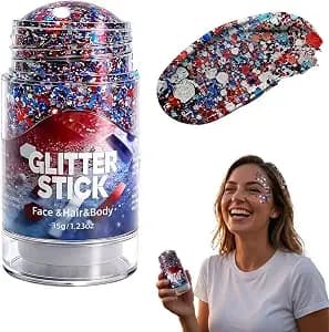 4th Of July Red White & Blue Glitter Stick, 2026 New Body Hair Glitter Stick, Usa Flag Star Face Hair Glitter For Women, Waterproof Makeup For Football Game Memorial Day 250th Anniversary (1pc)