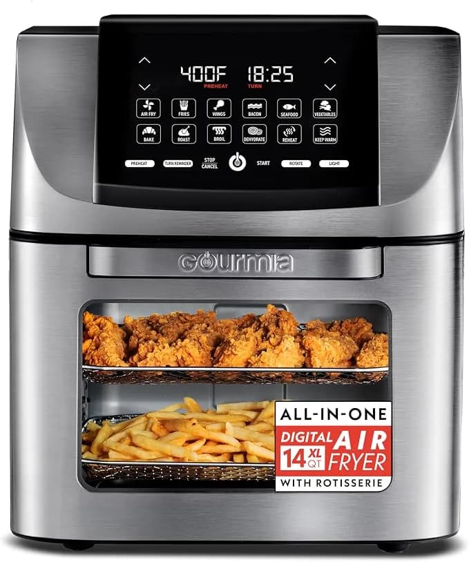 Gourmia Air Fryer - 14 Qt All-In-One Rotisserie Oven With Digital Display, 12 Presets, Roast, Bake, Broil, Dehydrate, Dishwasher Safe Accessories, Stainless Steel