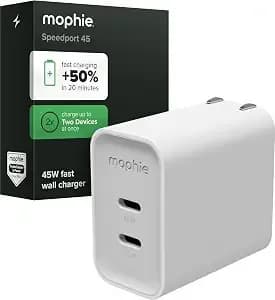 Mophie Speedport 45 Gan Usb-C Charger Block - 45w Fast Wall Charger, 2× Usb‑C Pd Ports, Compact Foldable Prongs, Made With Recycled Materials, For Smartphones, Tablets, Headphones