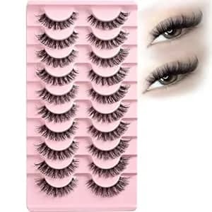 Apcyust Lashes False Wispy Eyelashes Natural Cat Eye Lash Strips 10 Pairs Fake Mink Eyelash Pack 9-14mm Natural Look Fluffy Strip Lashes Clear Band Easy Eyelashes For Beginners With Cluster Looking