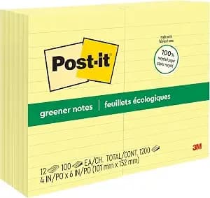 Post-It Greener Notes, 4 X 6 In, Canary Yellow, 12 Lined Pads - Made With 100% Recycled Paper