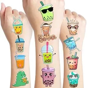 96 Pcs Funny Bubble Boba Milk Tea Pre-Cut Temporary Tattoos For Kids - Sticker Theme Birthday Party Decorations Supplies Decor Favors Gifts Boys Girls Reward Prizes Christmas Carnival