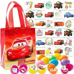 Disney Cars Easter Egg Hunt Supplies - Bundle With 12 Fillable Plastic Easter Eggs, 70+ Lightning Mcqueen Tattoos, 45+ Spring Tattoos, Mini Basket Bag Cars Easter Hunt Set