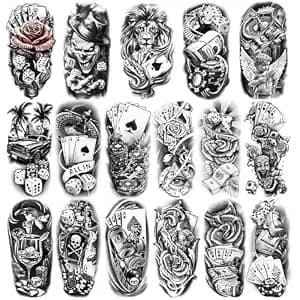 Casino Temporary Tattoos (77 Sheets), Fake Tattoo For Adults And Kids, Waterproof Fake Body Tattoo Stickers For Halloween, Parties, Cosplay, Casino Night - Realistic Poker/Dice/Skull/Chicano Designs