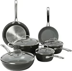 Sur La Table Kitchen Essentials 10 Piece Pfa Free Titanium Ceramic Nonstick Interior Forged Aluminum Cookware Pots And Pans Set - Black - Induction Compatible