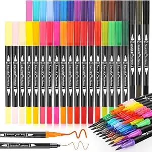 Soucolor 36 Dual Tip Brush Markers, Water-Based Art Pens, Adult Coloring - 36 Color Dual Tip Markers With Brush & Fine Point For Adult Coloring Books, Hand Lettering, Journaling & Drawing Pens