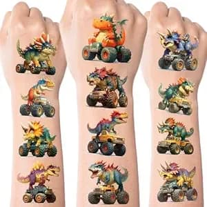 Aresvns 117 Pcs Monster Truck Dinosaur Pre-Cut Temporary Tattoos For Kids - Fake Tattoos For Girls Boys, Goodie Bags Stuffers Birthday Party Decoration Supplies Summer Swimming Pool