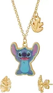 Disney Stitch Jewelry Set Official License With 16+3 Necklace And Palm Leaf - Earrings, Gold Tone Fashion Necklace And Stud Earrings